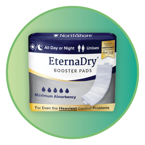 Package of NorthShore Eternadry Booster Pads, featuring maximum absorbency with flow-through design for extended leak protection