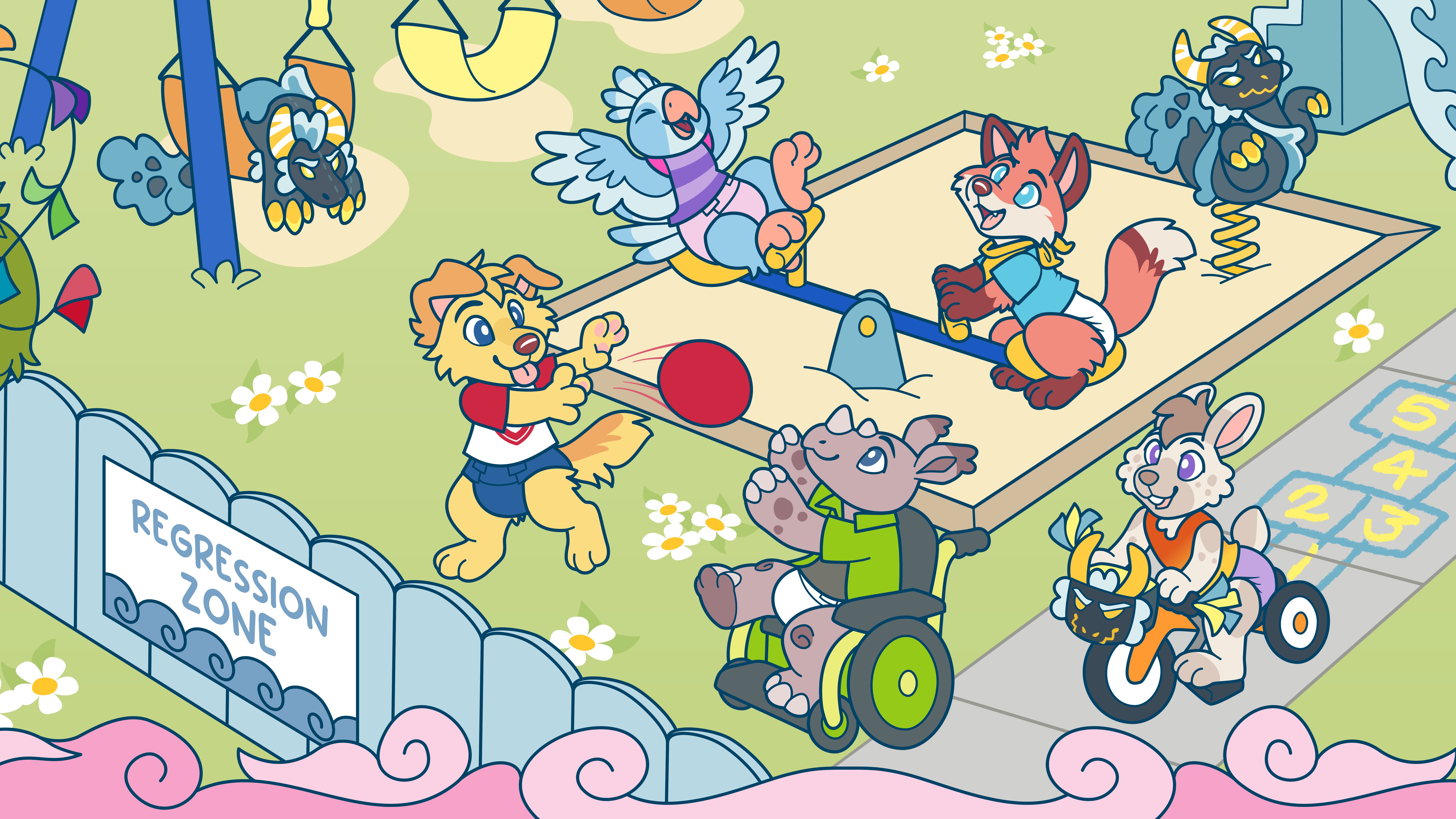 Playground scene with animal characters playing in the Regression Zone