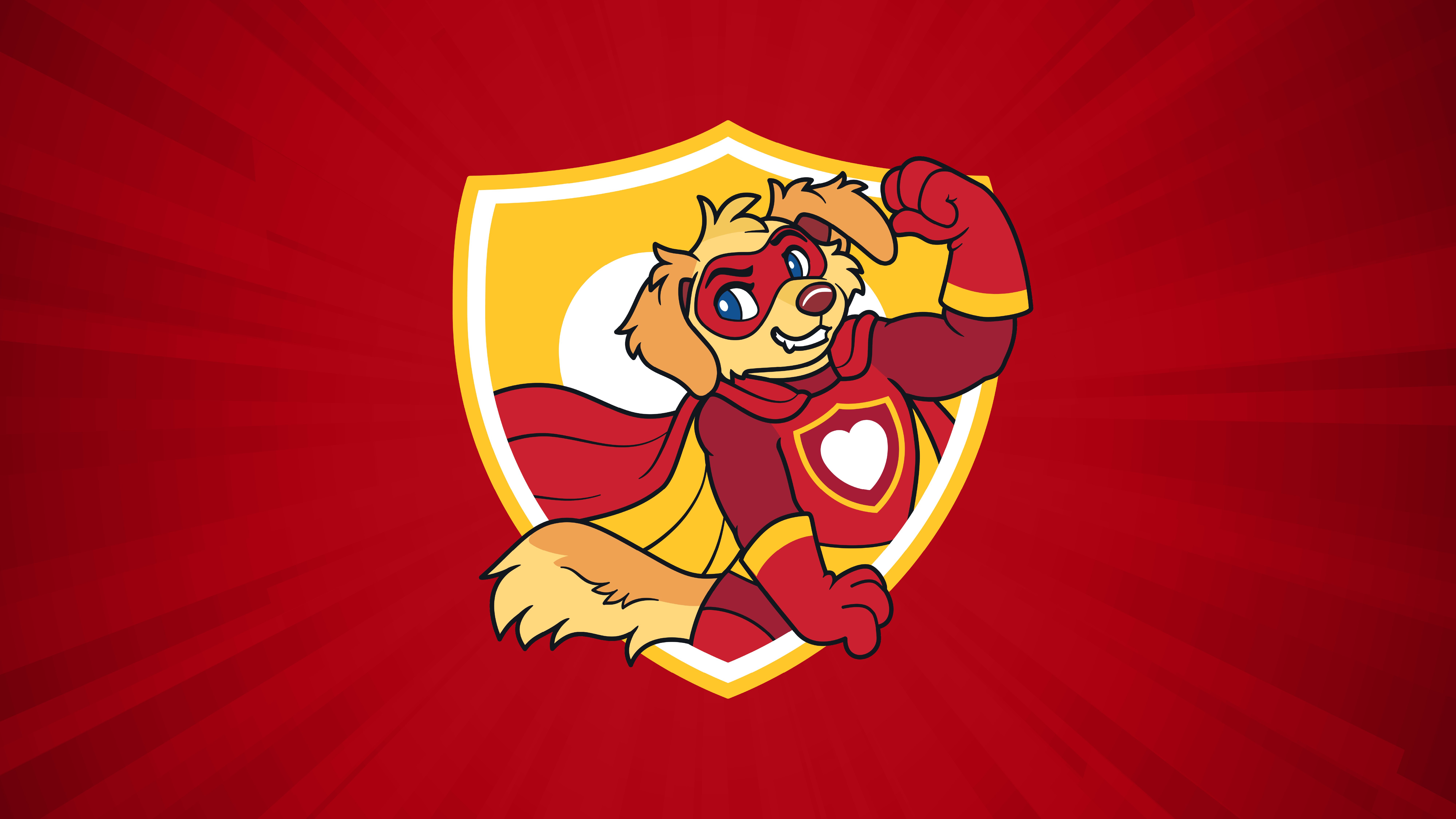 Superhero puppy inside shield with red background