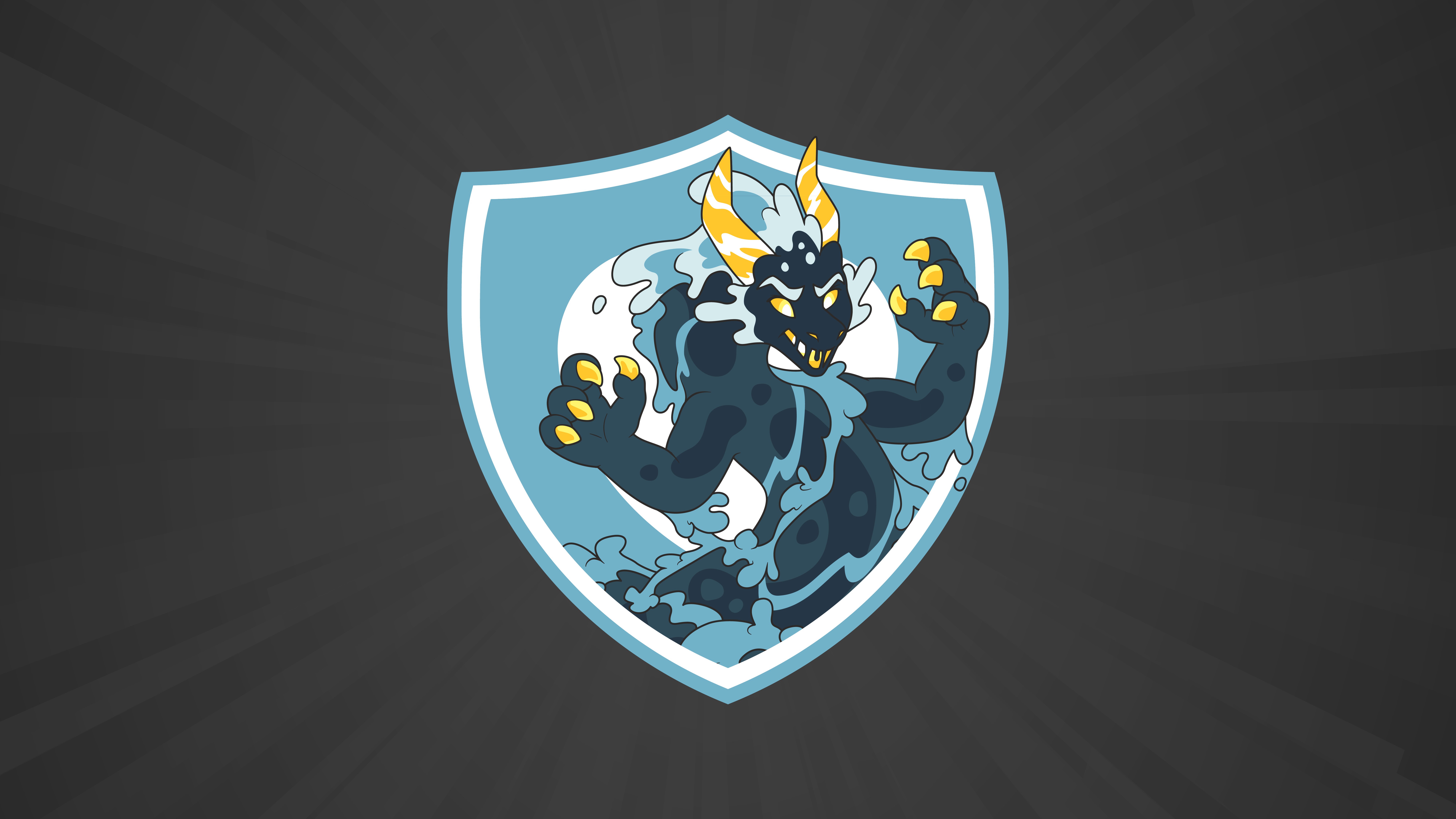 Aquatic monster in a crest-style badge on dark background