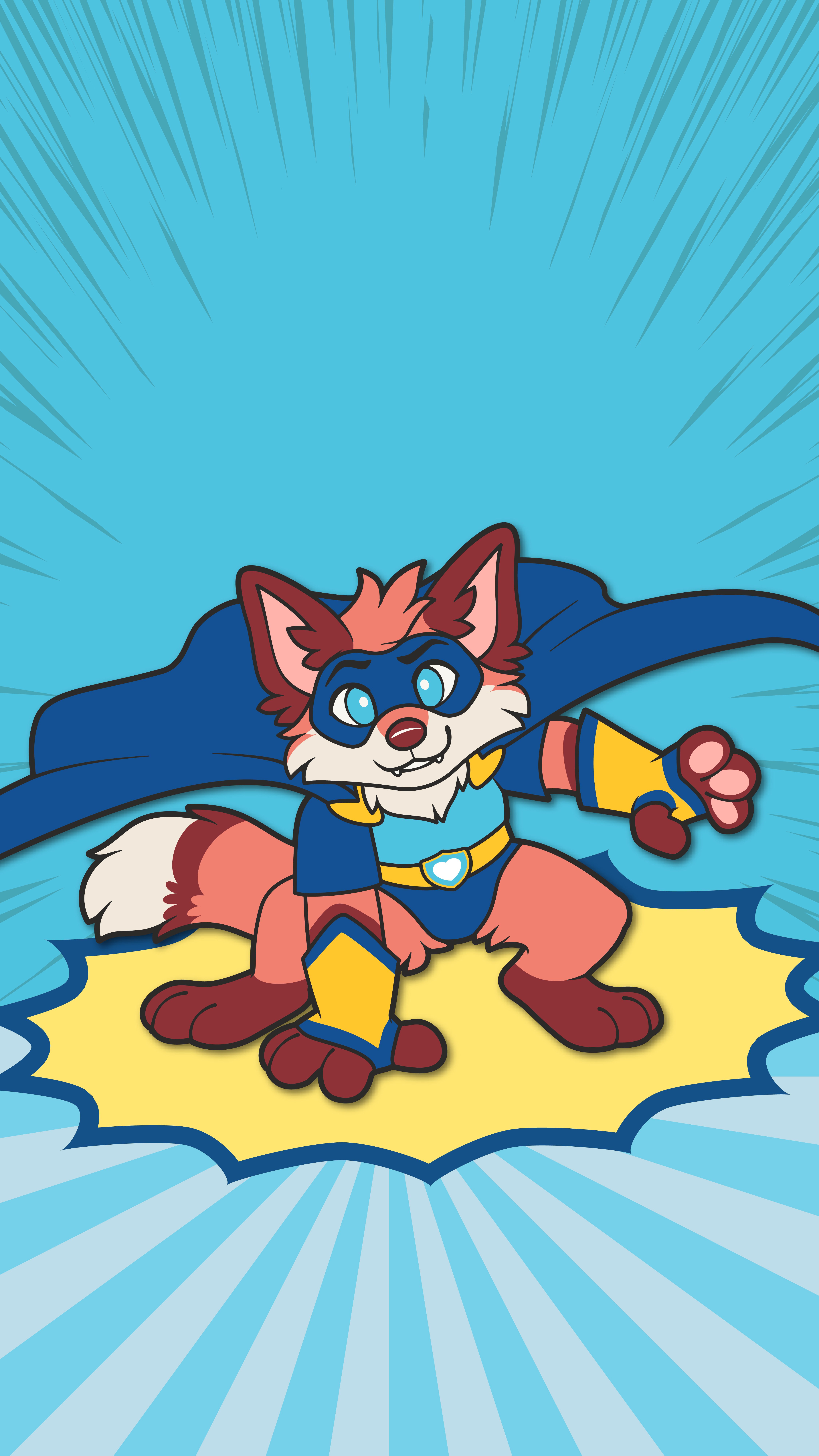 Fox superhero in blue-and-yellow costume with cape on light blue
