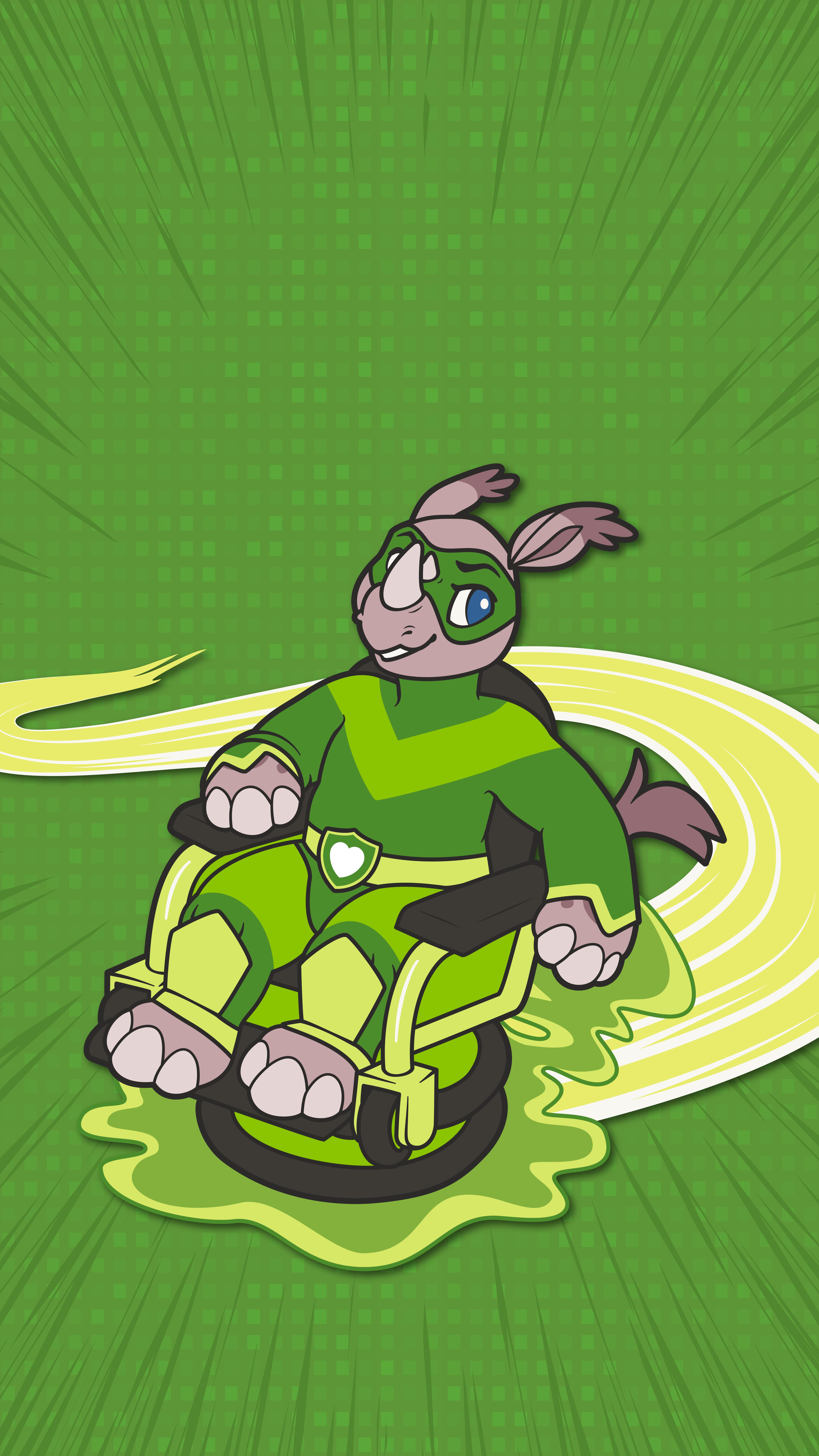 Rhino superhero in a wheelchair with green trails