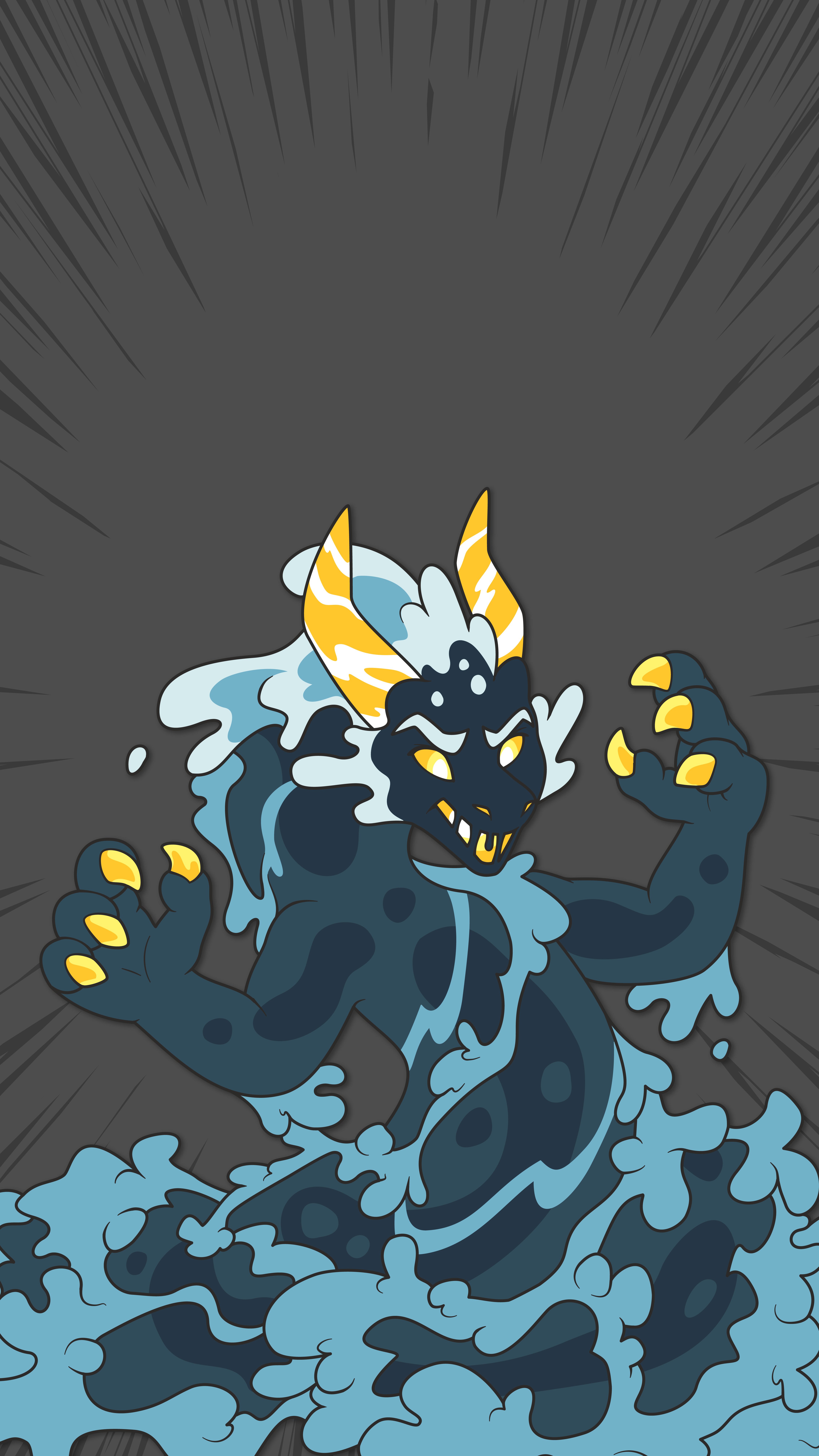 Blue-and-black aquatic creature with claws and horns