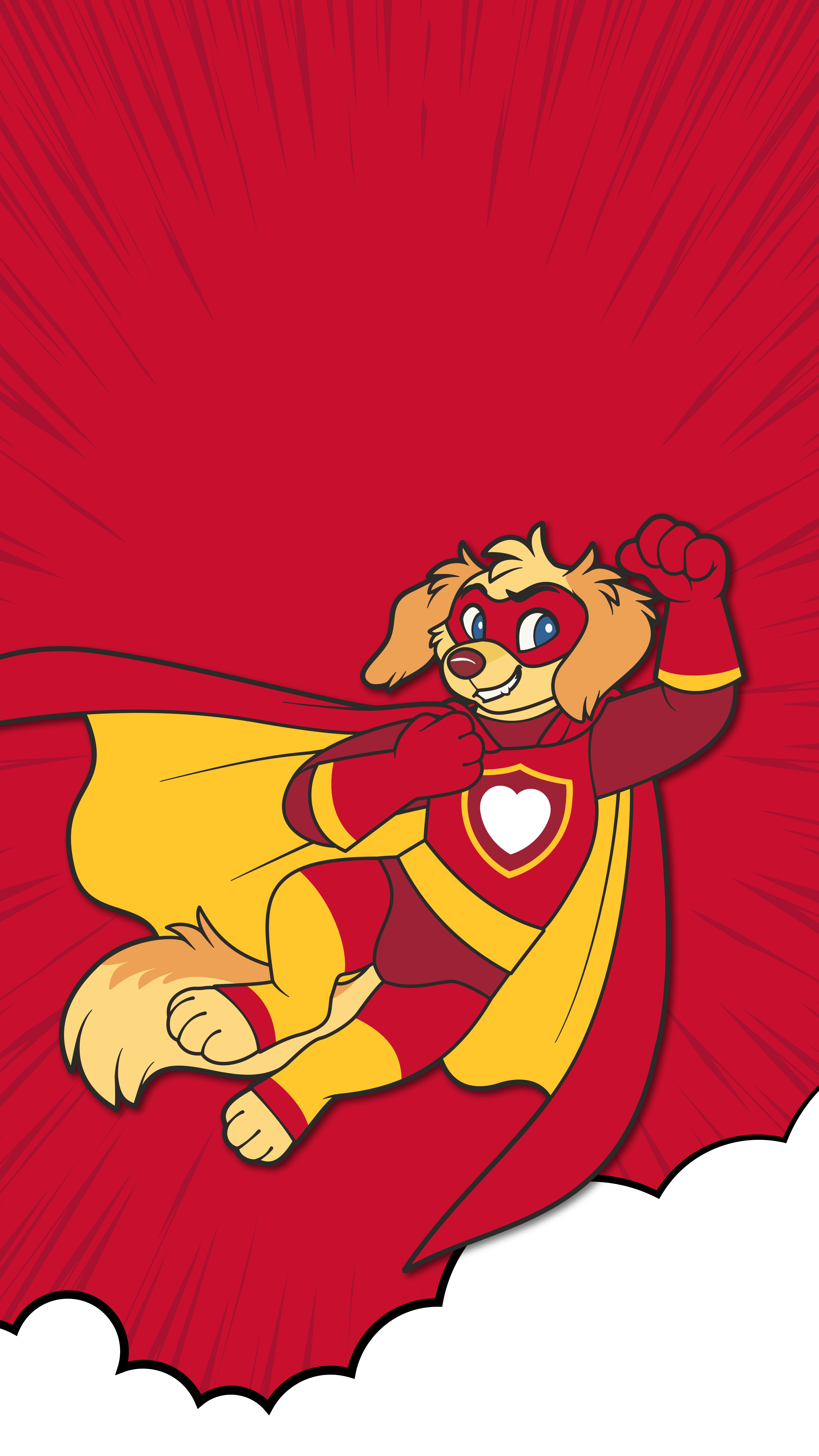 Cheerful golden dog superhero flying with fists raised