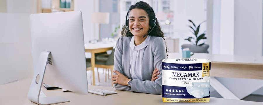 Customer service representative with NorthShore MEGAMAX adult diapers for reliable protection.