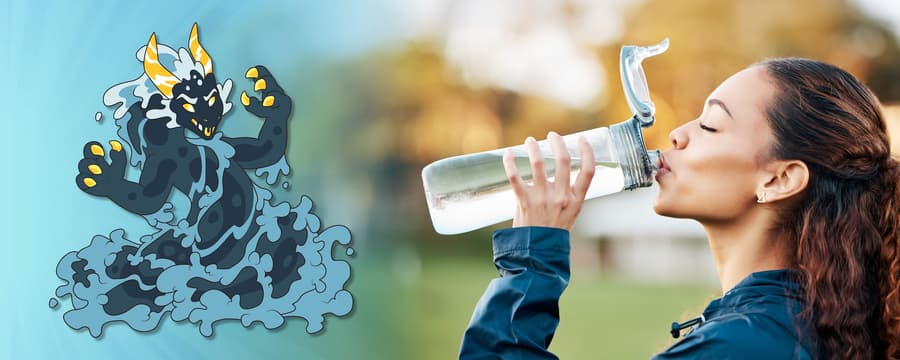 A woman drinking water from a bottle with a fantasy water-themed creature Typhos beside her, illustrating hydration myths and facts for ABDL individuals.