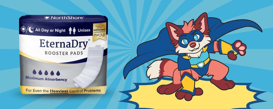 NorthShore EternaDry Booster Pads next to a superhero fox mascot, promoting fun and confidence with extra absorbent protection