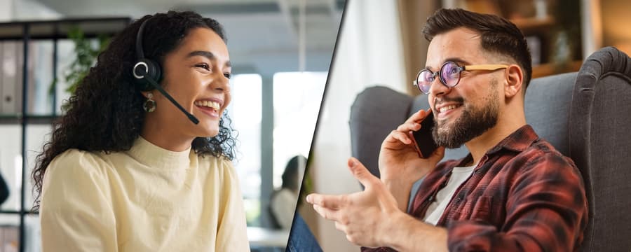 Split-screen image of a smiling customer service representative wearing a headset and a happy man talking on the phone from home, showing a positive customer support interaction.