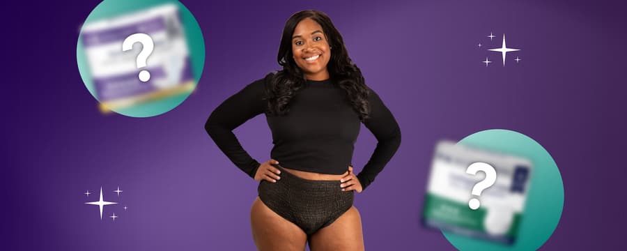 Confident woman smiling in black incontinence underwear with blurred product packaging in the background, showcasing NorthShore’s best protection for bowel leakage.
