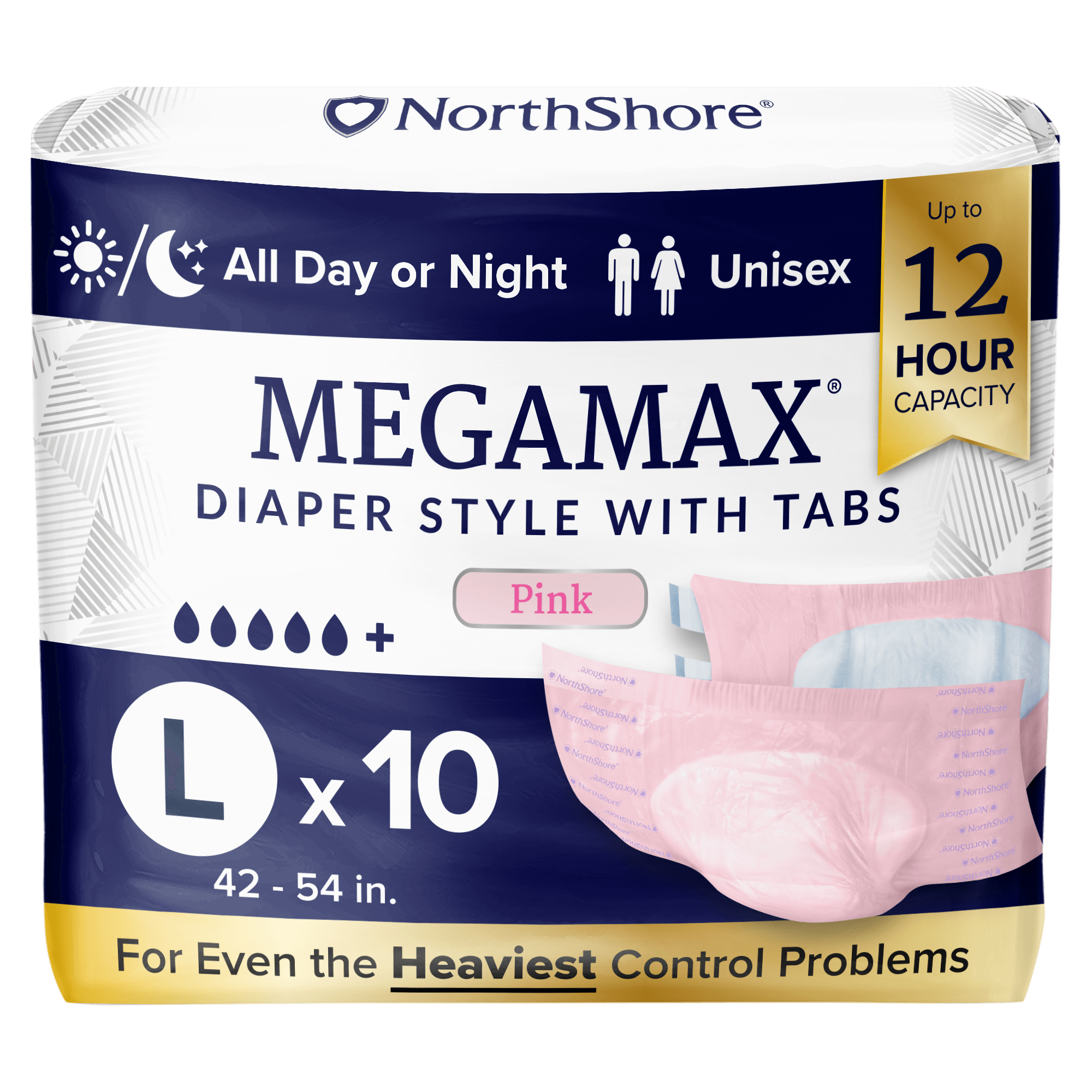 NorthShore MEGAMAX Tab-Style Briefs, Pink, Large, Pack/10